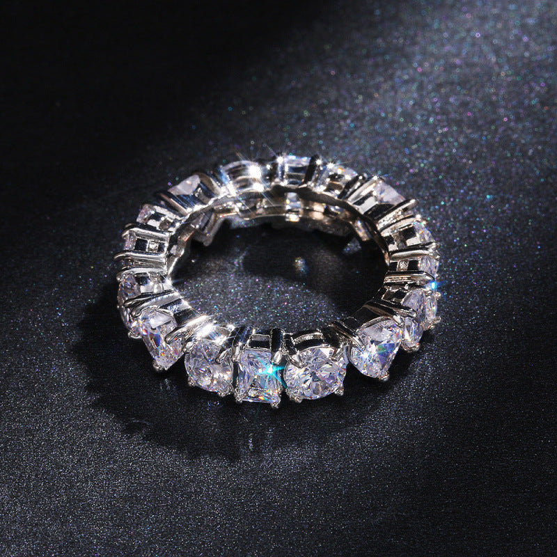 Rectangular Loving Heart Zircon Ring Female Full Circle Fashionable Temperamental All-match White