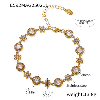 5A Zircon Six-leaf Flower Round Diamond Stainless Steel Plated 18K Gold Bracelet