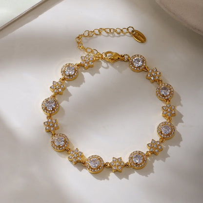 5A Zircon Six-leaf Flower Round Diamond Stainless Steel Plated 18K Gold Bracelet