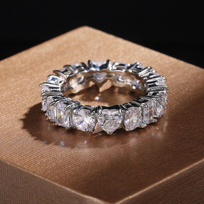 Rectangular Loving Heart Zircon Ring Female Full Circle Fashionable Temperamental All-match White