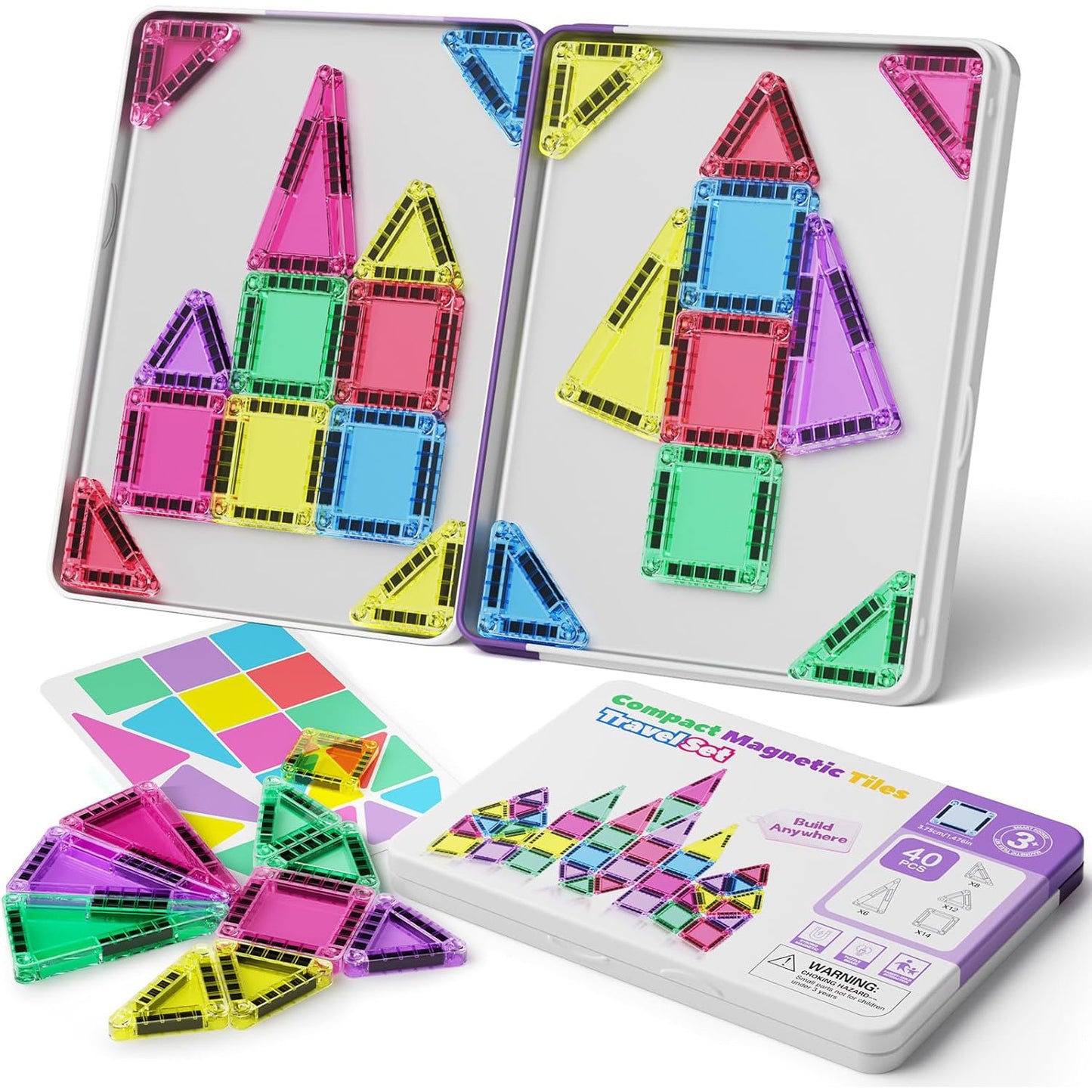 Louisiana Mart Mini Magnetic Tiles 40 PCS with Iron Storage Box – Montessori STEM Building Toy for Kids Ages 3–8, Travel-Friendly