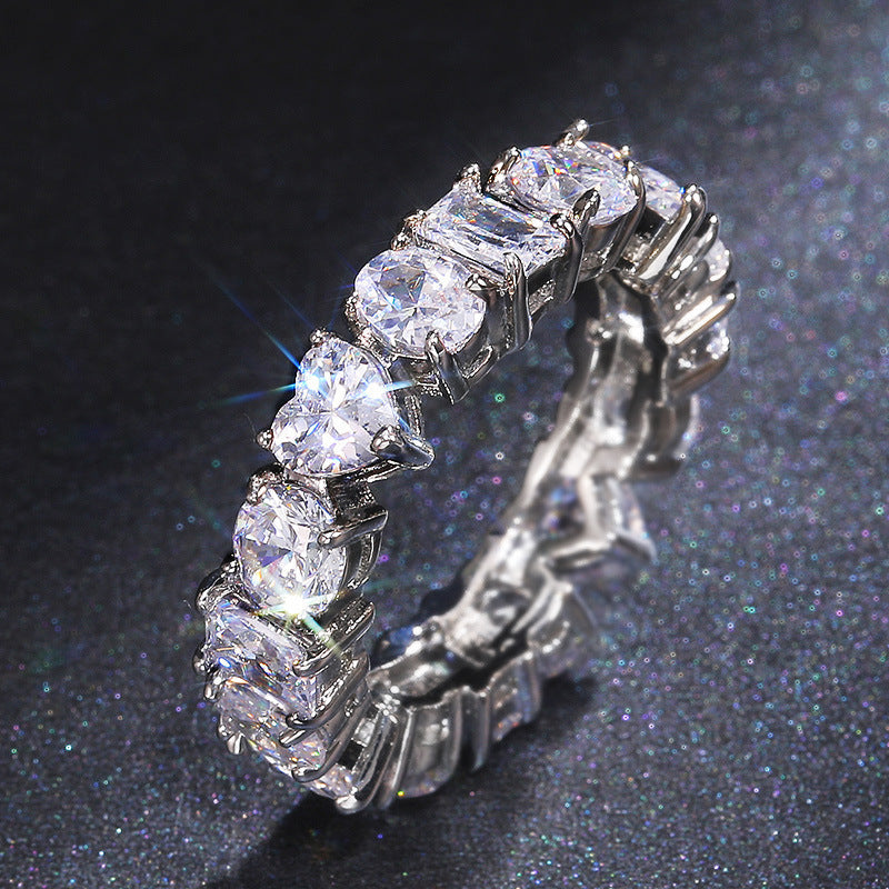 Rectangular Loving Heart Zircon Ring Female Full Circle Fashionable Temperamental All-match White