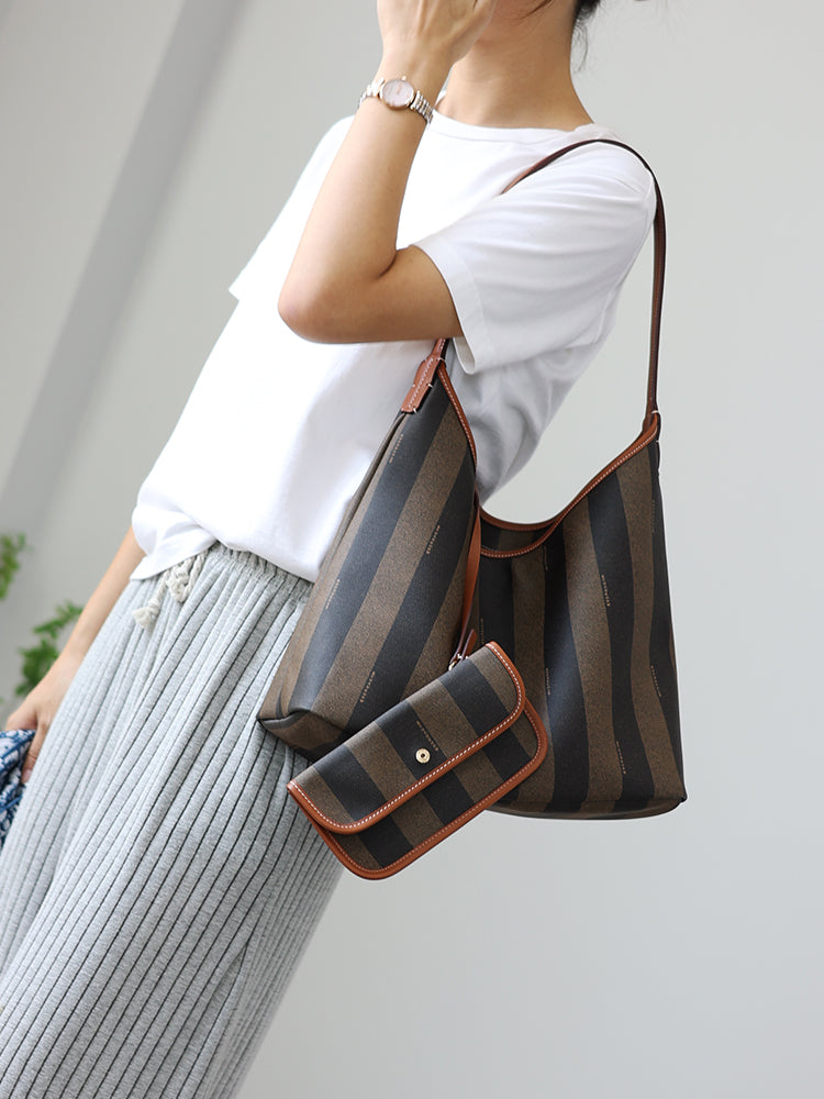 Women's Leather Shoulder Bag Striped Commute Work Handbag
