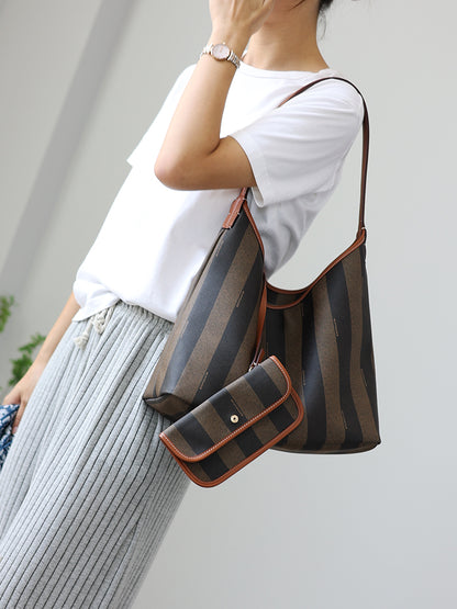 Women's Leather Shoulder Bag Striped Commute Work Handbag