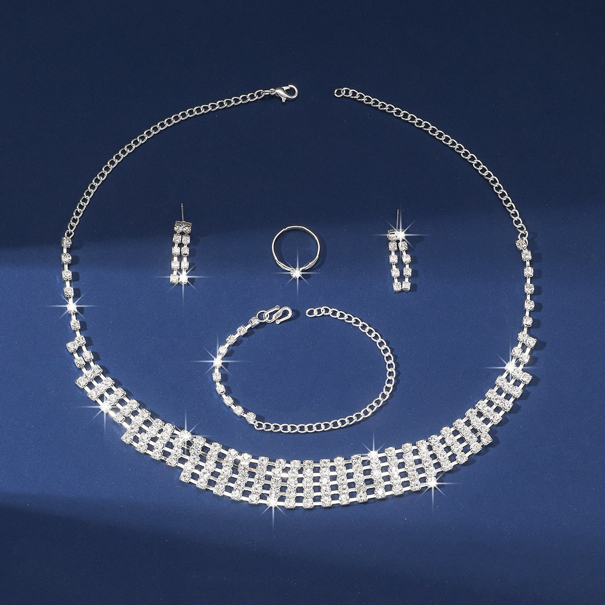 Necklace Bracelet Set Women Earrings Ring Rhinestone Chain
