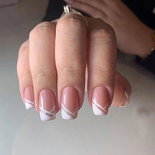 Oblique French Simple Wearing Manicure Finished Fake Nails 24 pieces + 1 glue