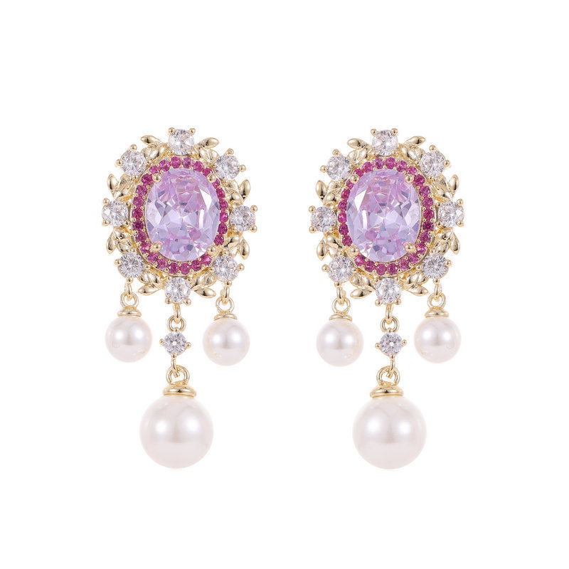 Oval Zircon Inlaid Pearl Tassel Earrings
