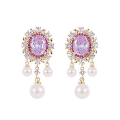 Oval Zircon Inlaid Pearl Tassel Earrings