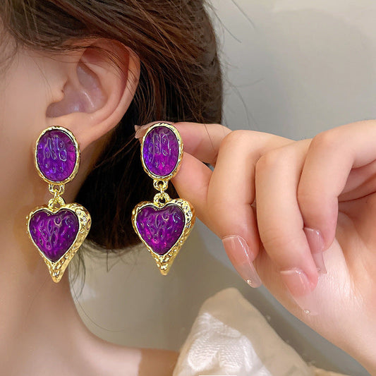 Silver Needle Pleated Oval Love Heart Earrings