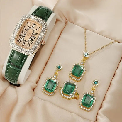 Women's Fashion All-match Diamond Belt Quartz Watch 4-piece Set