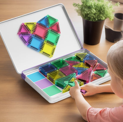 Louisiana Mart Mini Magnetic Tiles 40 PCS with Iron Storage Box – Montessori STEM Building Toy for Kids Ages 3–8, Travel-Friendly
